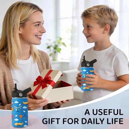 Image of Airplane Water Bottle for Son & Daughter, Stainless Steel Insulated Tumbler with Straw Lid and Handle, 12oz Reusable Leak-Proof Bottle for Sports