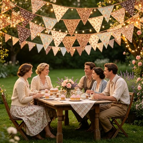 Image of Zwiebeco 32Ft Coffee Brown Fabric Floral Pennant Banner Bunting Cotton Flowers Triangle Flags Party Decorations for Birthday Wedding Engagement Bridal Baby Shower Rustic Village Sweet Garden Decor