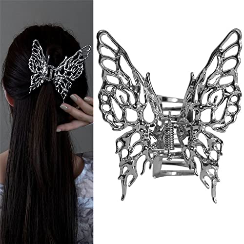 VNEWSCHI Butterfly Hair Claw Clips, Silver, Large Metal, Strong Hold, Nonslip, for Thick and Thin Hair Women and Girls
