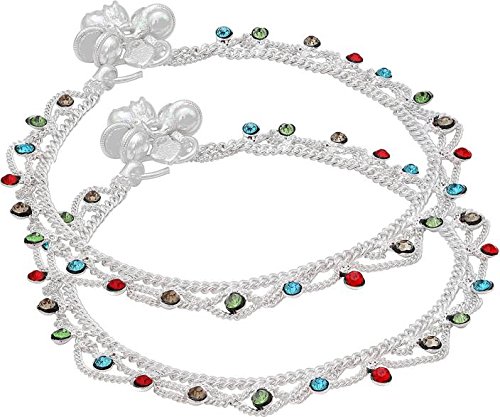 Memoir Silverplated Colouful CZ payal Wedding Pajeb Traditonal Anklet Women Traditional Fashion Jewellery Women (AKRM2244)
