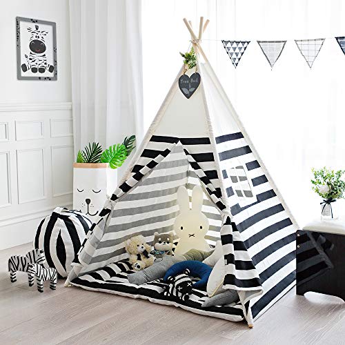 TreeBud - Tienda de campaña para niños, Lona de algodón, Tienda Tipi India para niños con Rayas Negras, Tienda portátil y Duradera para Que los niños jueguen en Interiores al Aire Libre