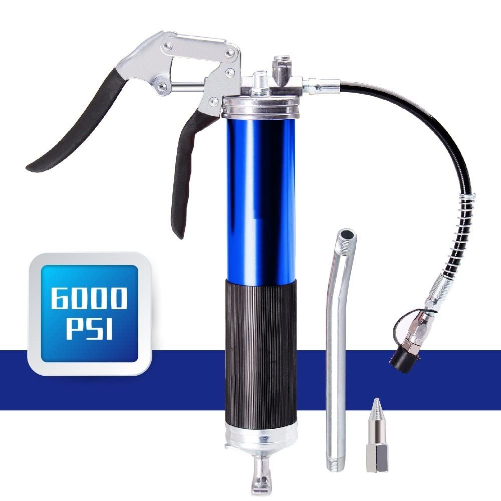 Boquilla engrasadora Boquilla Bomba de Engrase Duty 6000PSI Pistola engrasadora Empuñadura de Pistola 400cc 14oz Lubricación W/12quot; Manguera Flexible y 5-1/2" Extensión Metálica(Blue)