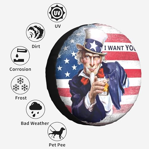 Image of Vintage American Uncle Sam Flag Spare Tire Cover, Wheel Protection Device 14-17 Inches, with Waterproof Dust-Proof UV Sun Wheel Tire Cover Suitable for SUV, RVs, Travel Trailers, Trucks (LTTSM-14)