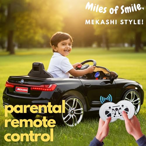 Image of MEKASHI Electric Ride-On Car for Kids 1-7 Years, 12V Battery, Remote Control, 5 Speed, LED Lights, Bluetooth, Black