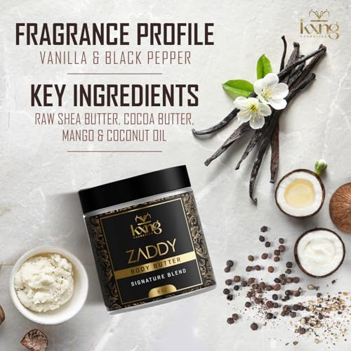 Image of KXNG Cosmetics Organic Shea Body Butter Cream - 8oz | Deep Hydrating Body Butter for Men & Women with Shea, Cocoa, Mango & Coconut Oil | Moisturizer for All Skin Types, Hands & Feet - Zaddy XL