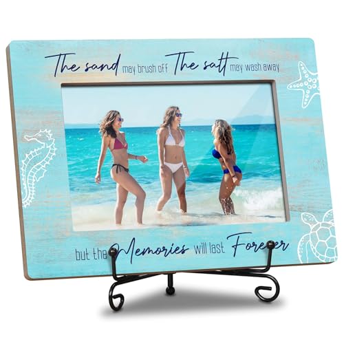 FUQWZ Beach Memories Picture Frame - Memories Will Last Forever Coastal Quote - 8x5.8 Inch Rustic Wood Frame for 4x6 Photos with Iron Stand - Perfect Beach House & Vacation Gift. (029)
