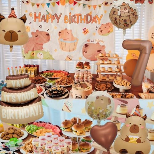 Image of Capybara Birthday Foil Balloon Set, 8-Piece Party Decor (7) | Reusable foil balloon set with capybara, cake,number . Perfect for birthday, baby shower, gender reveal & themed parties