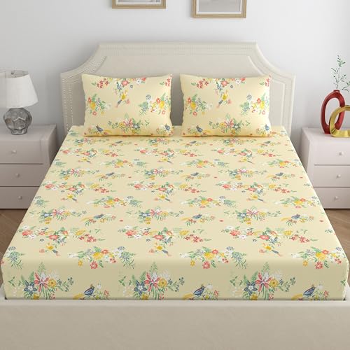 Image of Home Ecstasy 100% Cotton King Fitted Bedsheet with 2 Pillow Covers - (Size 72 x 78 inches, 140 TC, Colour - Beige: Silken Beige)