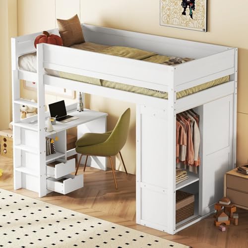 PUGSDRLY Lit Mezzanine Enfant 90x200cm avec Bureau et 2 Tiroirs et Armoire de Rangement,Lit Mezzanine 1 Place avec Sommier à Lattes,Design de Clôture...