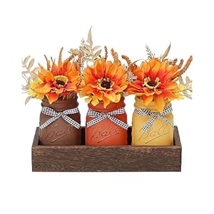 Fall Mason Jar Centerpiece for Table with Wood Tray & Artificial Flowers, Set of 3 Mason Jars Farmhouse Decor Painted Decorative Jars for Thanksgiving Home, Kitchen Coffee Table Centerpiece