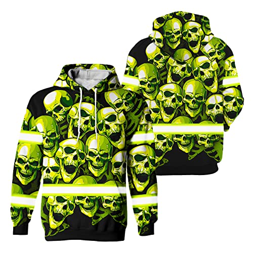Matedecor Safety Hoodie Full Green Skull 2 Customize Name High Visibility Hoodie for Men Reflective Hoodie Hi Vis Hoodie Workwear for Runners, Walkers, Trucker, Operator, Patriotic-XL