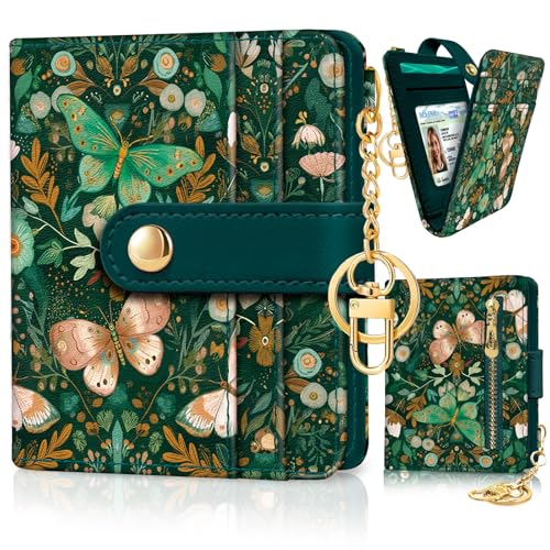 Image of Jogjam Butterfly Green Rfid Women Wallet, Small Slim Thin Compact Credit Card Wallet, PU Leather Bifold Cash Wallet, Zipper Coin Pocket ID Window, Female Ladies Girl Gifts