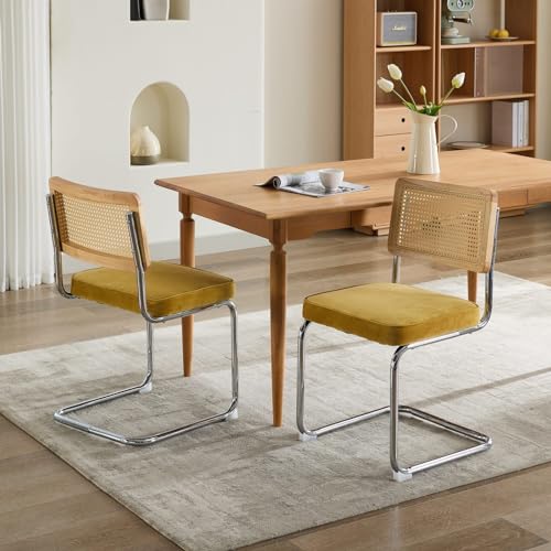 HYSZ Sillas voladizas voladoras, sillas voladizas de mimbre vienés, moderno juego de 2, sillas de comedor de terciopelo acento con respaldo de tubo natural y base cromada de acero inoxidable (dorado)