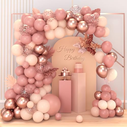 Kit de arco de balões rosa, conjunto de grinalda de balões de aniversário rosa vintage e balões de ouro rosa com balões de confetes para aniversários Baby Shower menina, casamento, aniversário