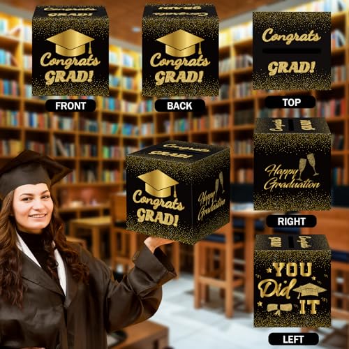 Image of Graduation Card Box 2026 Graduation Party Decorations Congrats Grad Card Boxes Holder for Graduation Gift Graduation Party Favors Decor Party Supplies - Black gold