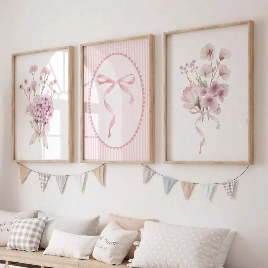 Affiche murale toile nœud rose et fleurs minimalistes pour chambre enfant 50x70 cm
