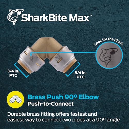 Image of SharkBite Max 3 /4 Inch 90 Degree Elbow, Push to Connect Brass Plumbing Fitting, PEX Pipe, Copper, CPVC, PE-RT, HDPE, UR256A