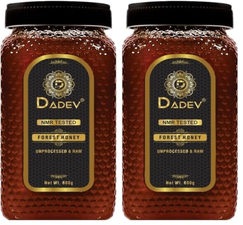 Image of DADEV HONEY Raw Organic Honey 600g | NMR Tested | 100% Pure Raw and Natural Honey | No Added Sugar | Unprocessed Forest Organic Honey-600gm GLASS JAR (Pack of 2)