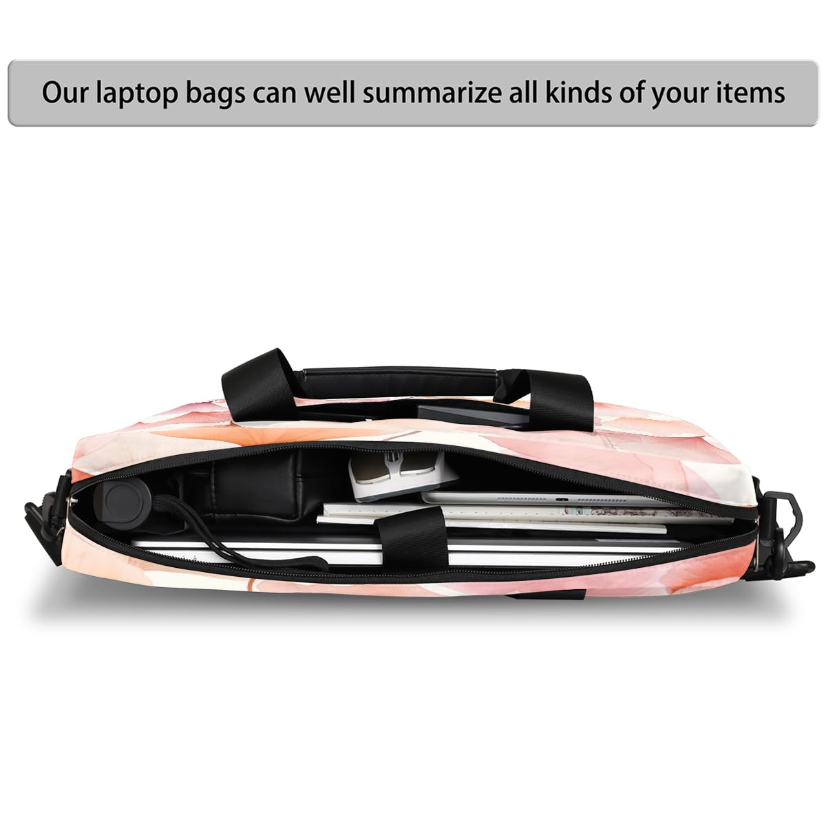 Borsa per computer portatile 15.6 16 pollici rosa foglie di ginkgo custodia per laptop impermeabile borsa a tracolla per donne uomini, Nero