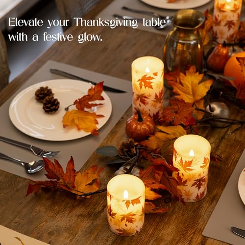 Image of Fall Flameless Candles with Remote, Autumn Maple Leaf Battery Candles | Set of 3 LED Candles with Timer Battery Pillar Candles Real Wax Thanksgiving Mantel Decor Electric Fake Candles