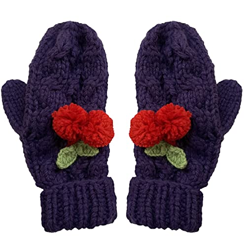 BIBITIME Cute Cherry Gloves Mittens Women Handmade Cable Knitting Winter Warm (One Size, Purple)