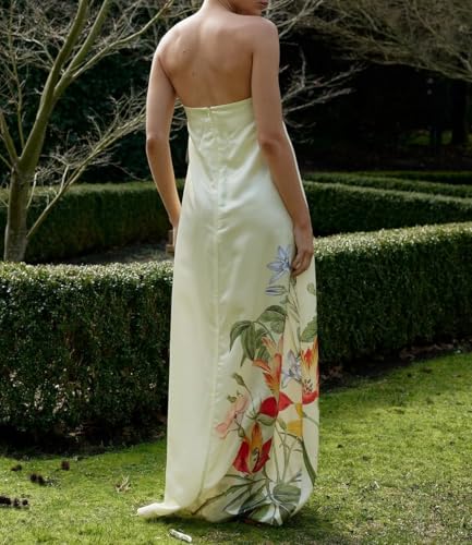 Image of Women Floral Print Maxi Tube Dress Strapless Flowy Long Bandeau Dress Y2K Open Back Sundress Summer Beachwear