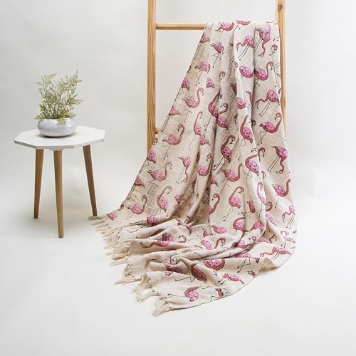 Image of Handmade 100% Cotton Hand Block Print Floral Flamingo Sofa Throw Blanket for Couch & Car, 50x70 Inches or 127cm x 178cm (Multi-Color 010)