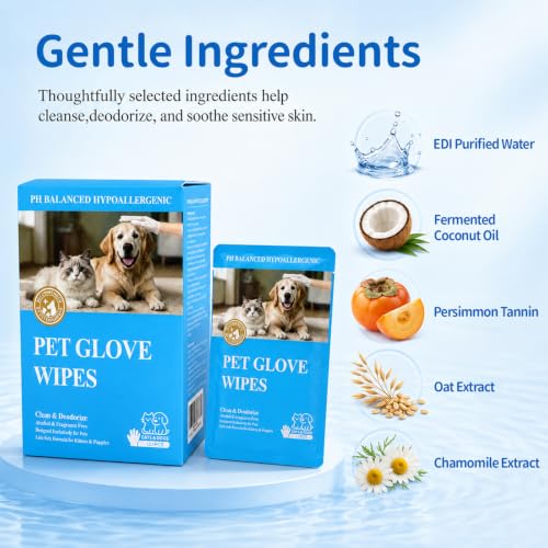 PET No‑Rinse Grooming Gloves, 12‑Count, Individually Wrapped, Hypoallergenic pH‑Balanced Pet Wash Mitts, Alcohol‑Free & Fragrance‑Free, Lick‑Safe for Sensitive Skin, for Cats & Dogs, Kittens & Puppies - Image 4