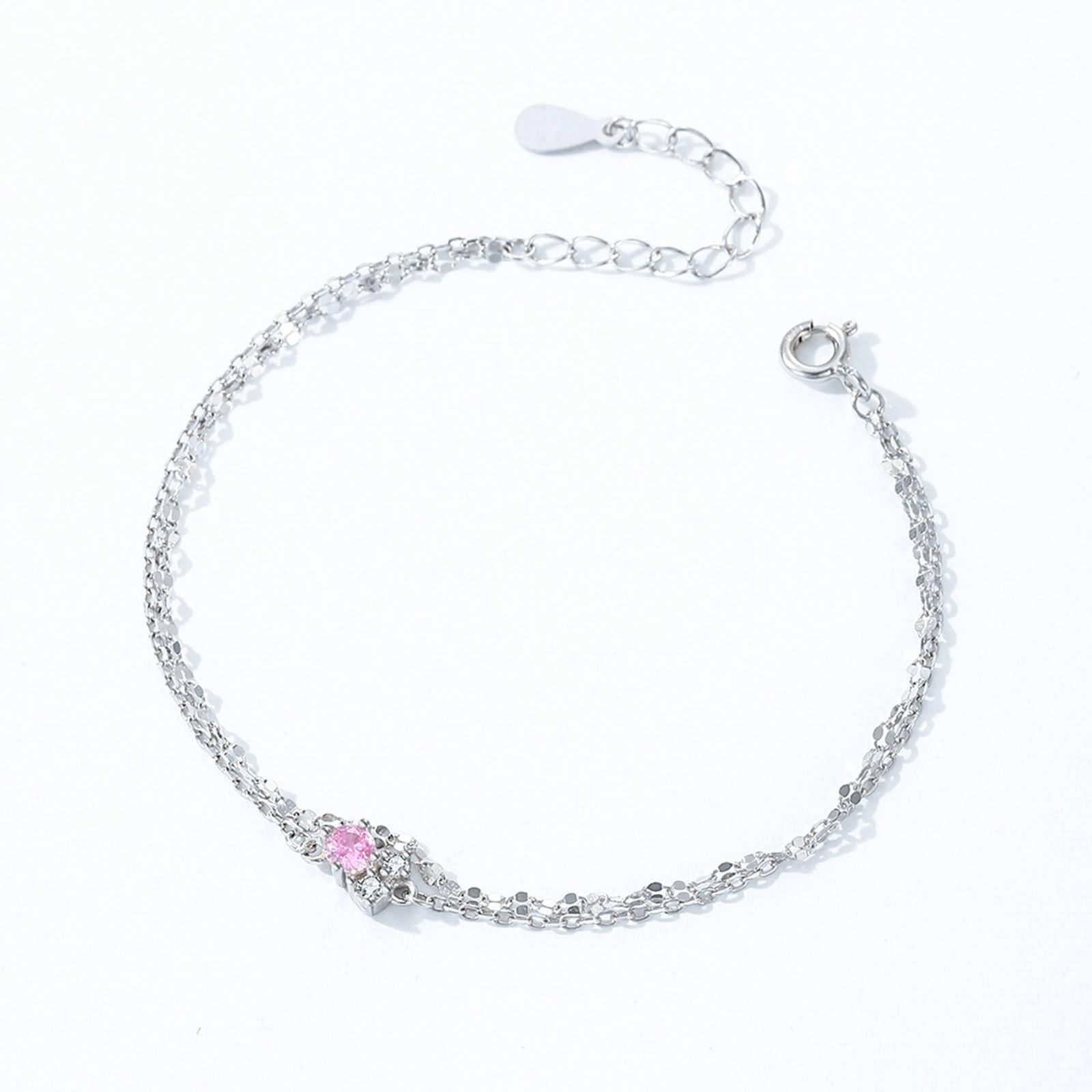 Pulsera vintage, pulsera de promesa de cadena de doble capa con zafiro rosa creado y moissanita