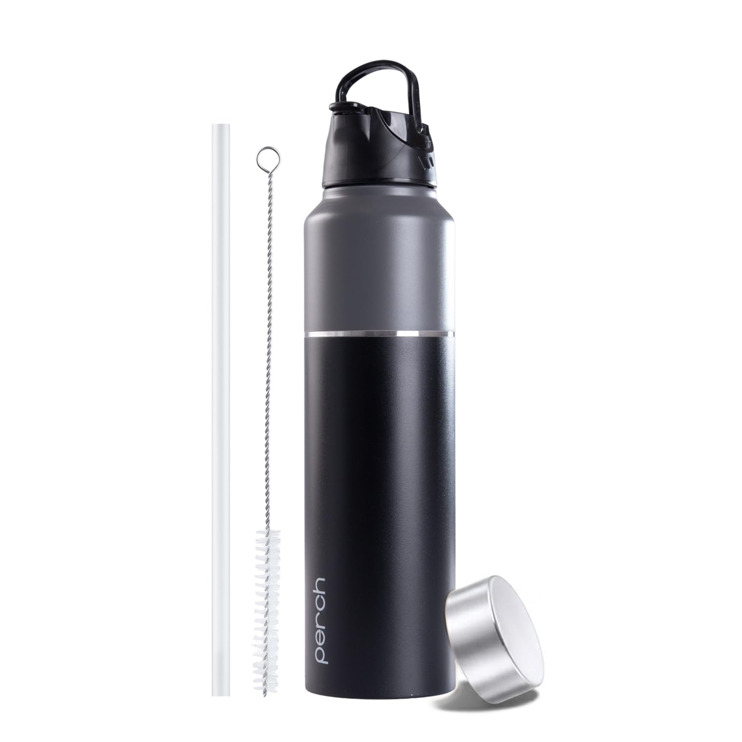 Perch Magic Stainless Steel Water Bottle 1 Ltr | ISI Certified | Single-Wall Fridge Bottle | Dual Cap & Straw Cleaner | BPA Free | for Travel, Gym, School & Home | Black & Grey | Crafted by Pexpo