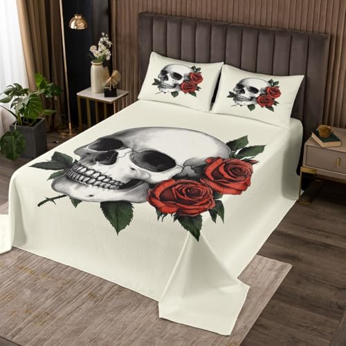 jejeloiu Queen Size Skull Gothic Bedspread for Kids Boys Girls Halloween Coverlet Set Skeleton Rose Quilted Coverlet Microfiber