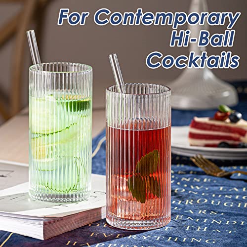 Claplante Vintage Drinking Glasses, Origami Style 4 pcs Glass Cups, Highball Glasses Gift Box Set, Elegant Ripple Glassware,Ribbed Glasses, Iced Coffee Glasses, Ideal for Cocktail, Whiskey, Juice