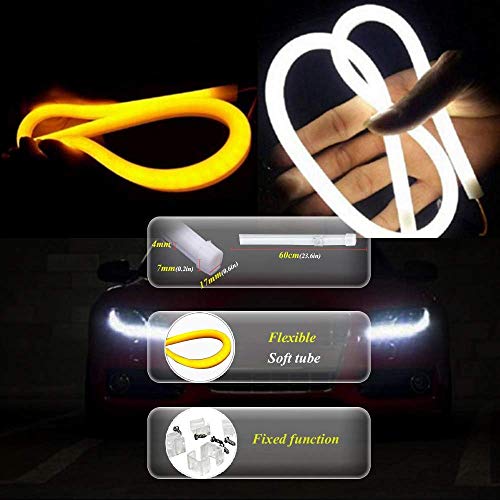 2 X 24 Inch Drl Led Light Strip, Yanf Flexible Daytime Running Lights Dual Color White & Amber Sequence Led Strip Tube Switchback Headlight Decorative Lamp & Flowing Turn Signal Light For Any 12V Cars #TOP4