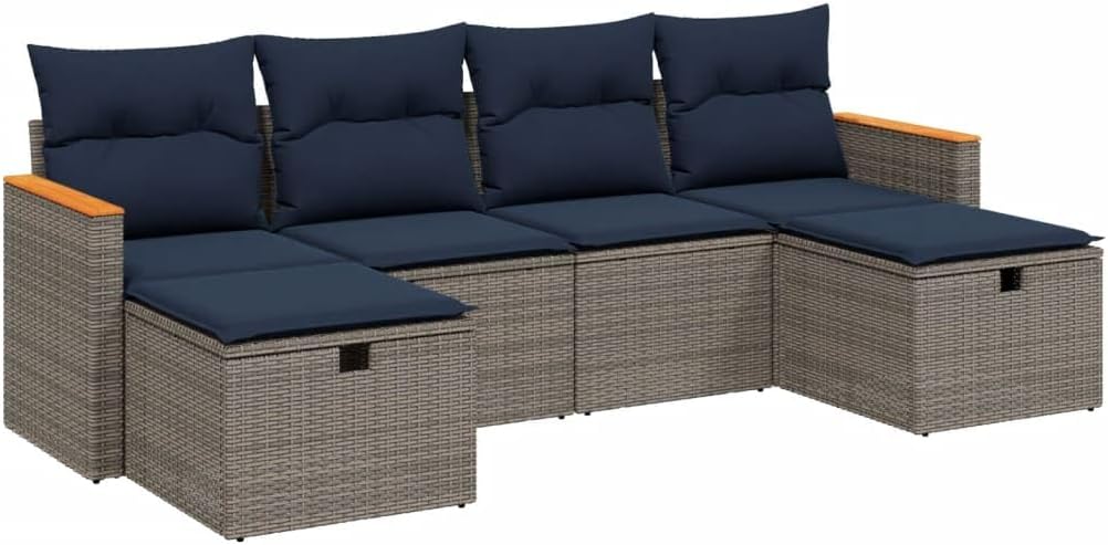 6 Piece Patio Sofa Set with Cushions Gray Poly Rattan Poolside Furniture Set Garden Seating Ensemble for Pond Deck