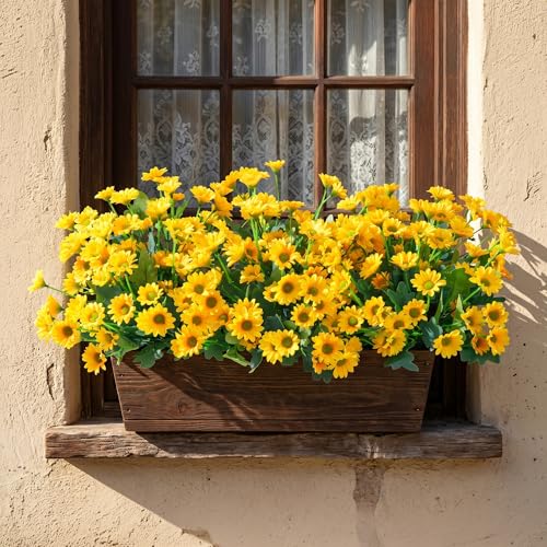 Image of HyeFlora Artificial Mums for Outdoors Fall Decor, 6 Bundles Fake Flowers UV Resistant Realistic Faux Flowers Bouquet Silk Flowers for Outside Planter Porch Patio Garden Yard Balcony Home, Yellow