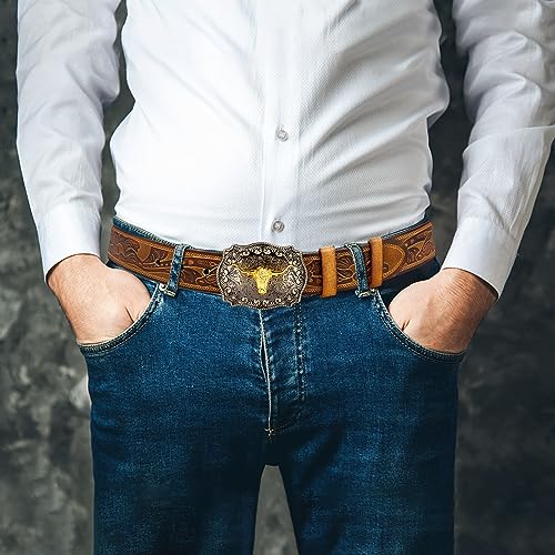 BISON DENIM Men's Western Double Embossed Leather Belts with Golden Cowboy Longhorn Bull Pattern Floral Engraved Buckle Belt3