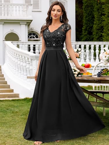 Image of Miusol Women's V-Neck Sequined Floral Lace Formal Evening Maxi Dress