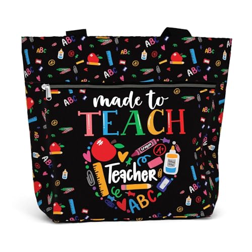 84hoods Bolsa grande para professoras. Bolsa de ombro estética com bolsos e zíper para o trabalho. Presente para professores., 01. Feito para ensinar, Large