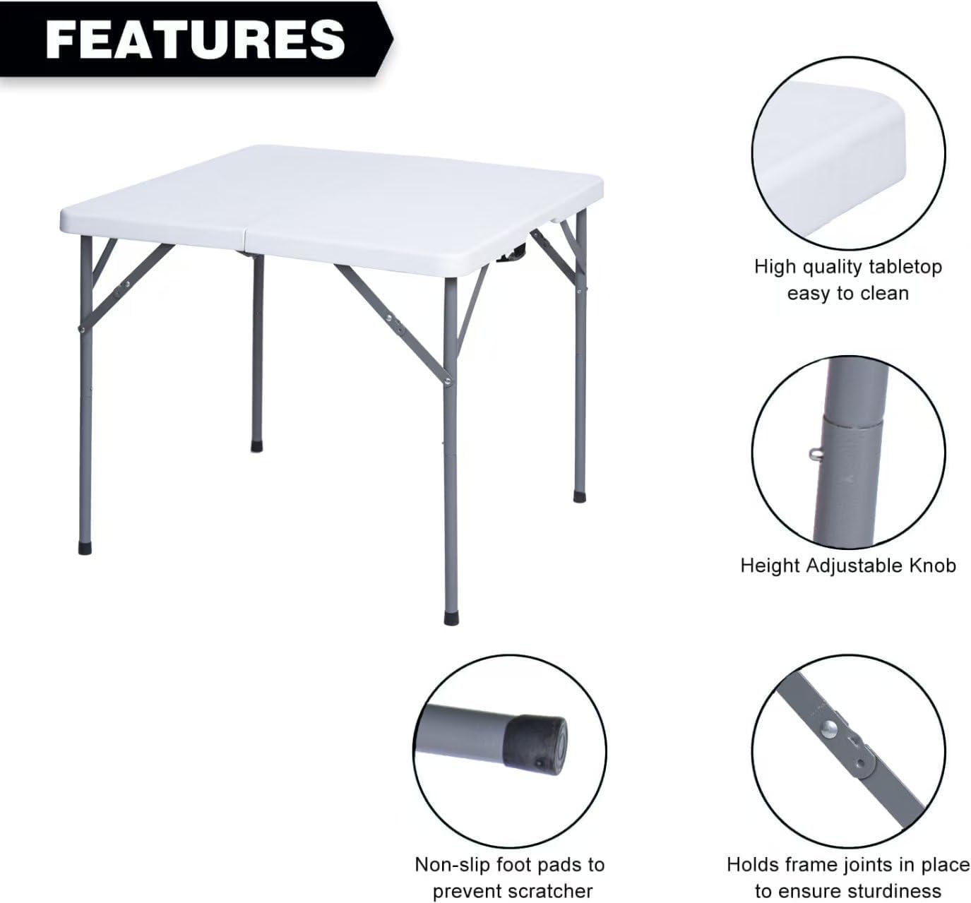34" Square Folding Table with Resin Top, Plastic Folding Card Table with Collapsible Legs for Adults Indoor Outdoor Use, White