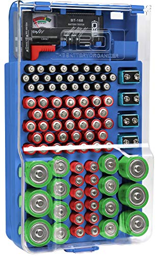 The Battery Organizer TBO7564 Storage Case with Hinged Clear Cover and closing latch, includes a Removable Tester, Holds 93 Batteries Various Sizes, Blue