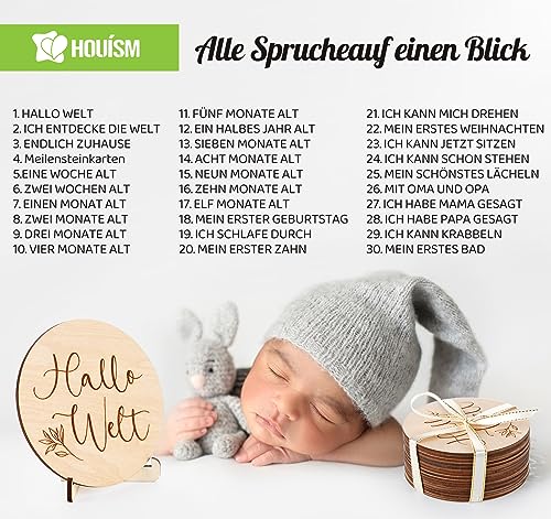 Holz Meilensteinkarten Baby auf Deutsch-30 Wichtigen Momente auf Ausgewähltes Lindenholz inklusive Praktischem Aufsteller, Geschenke zur Geburt & Babyparty für Schwangere, Werdende Mütter & Eltern