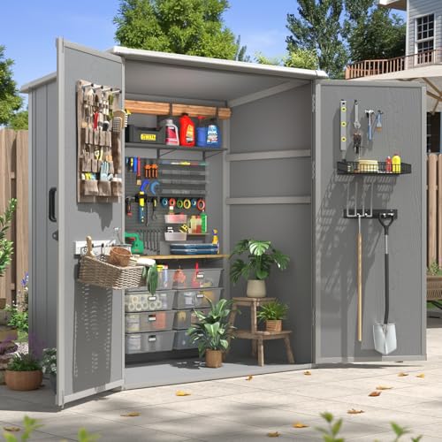 Aoxun 5x3 FT Outdoor Storage Shed, Plastic Garden Resin Shed with Floor for Patio, Lawn, Outdoor Storage Cabinet with Lockable Door for Bike, Garbage Can, Tools, Grey