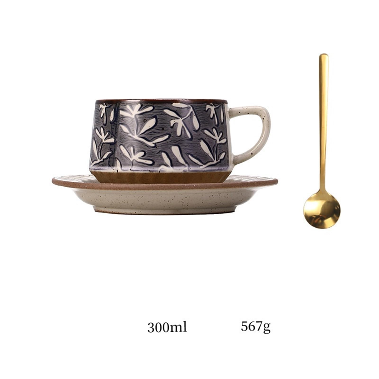 Tazas de cerámica Juego de taza café/té cerámica con diseño vintage hierba y flores, platillo cuchara, 300 ml Taza de café