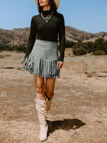 CUPSHE Women Fringe Skirts Western Cowgirl Terra Cotta High Waist Mini Skirt Suede Tassel Short Counrty Concert4