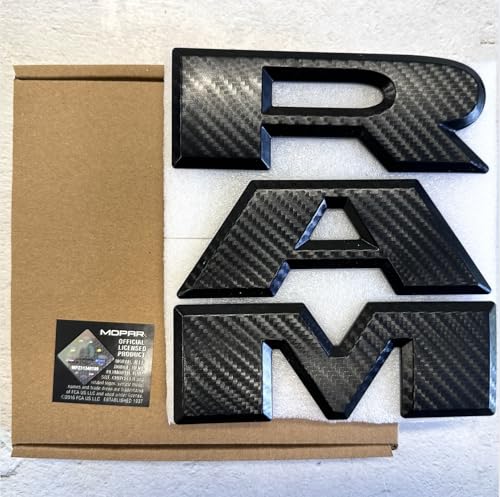 Image of AUTOGEM 2019-2025 RAM 1500 Grille Emblem Carbon Decal Finish Black Front Truck Badge Clip Mount