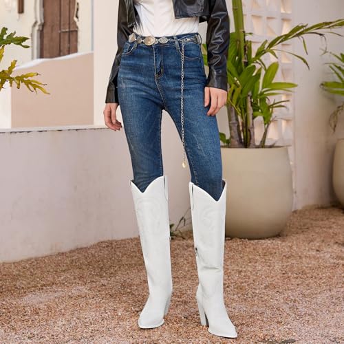 Image of Knee High Cowboy Boots for Women, Comfortable and Fashion | Classic Western Style, Stable Chunky Heel, Side Zipper, Pointed Toe, Non-slip Sole, Versastile Concert Party Rodeo Boots