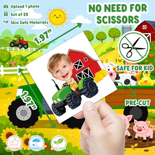 Image of Custom Tractor Temporary Tattoos for Kids, Set of 20 | Personalized Pre-Cut Face Photo, Birthday Party Favors, For Boys Girls, Tractor Lovers