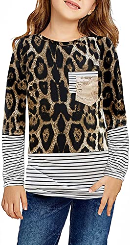 Image of Girls Casual Long Sleeve Color Block Pullover Top Stripe Button Crewneck Loose Tunic T-Shirts Blouse Size 4-13 Year