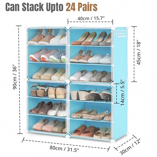 Image of ABOUT SPACE Plastic Shoe Stand with Hanger & Door for Home - Portable,Expandable 4 Cube Shoe Stand for Boots,Heels - DIY 24 Pair Flipflop,Slipper Stand for Women,Men,Outdoor (BlUE) 300 x 800 x 900 mm