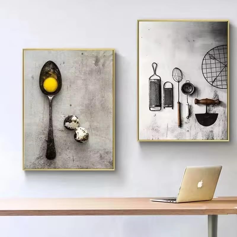 BMGKYAGL Martwa natura w stylu retro, ciemne przybory kuchenne, łyżka, obraz ścienny na płótnie, dekoracja restauracji i domu, Cuadros (20 x 30 cm x 2/rama wewnętrzna)